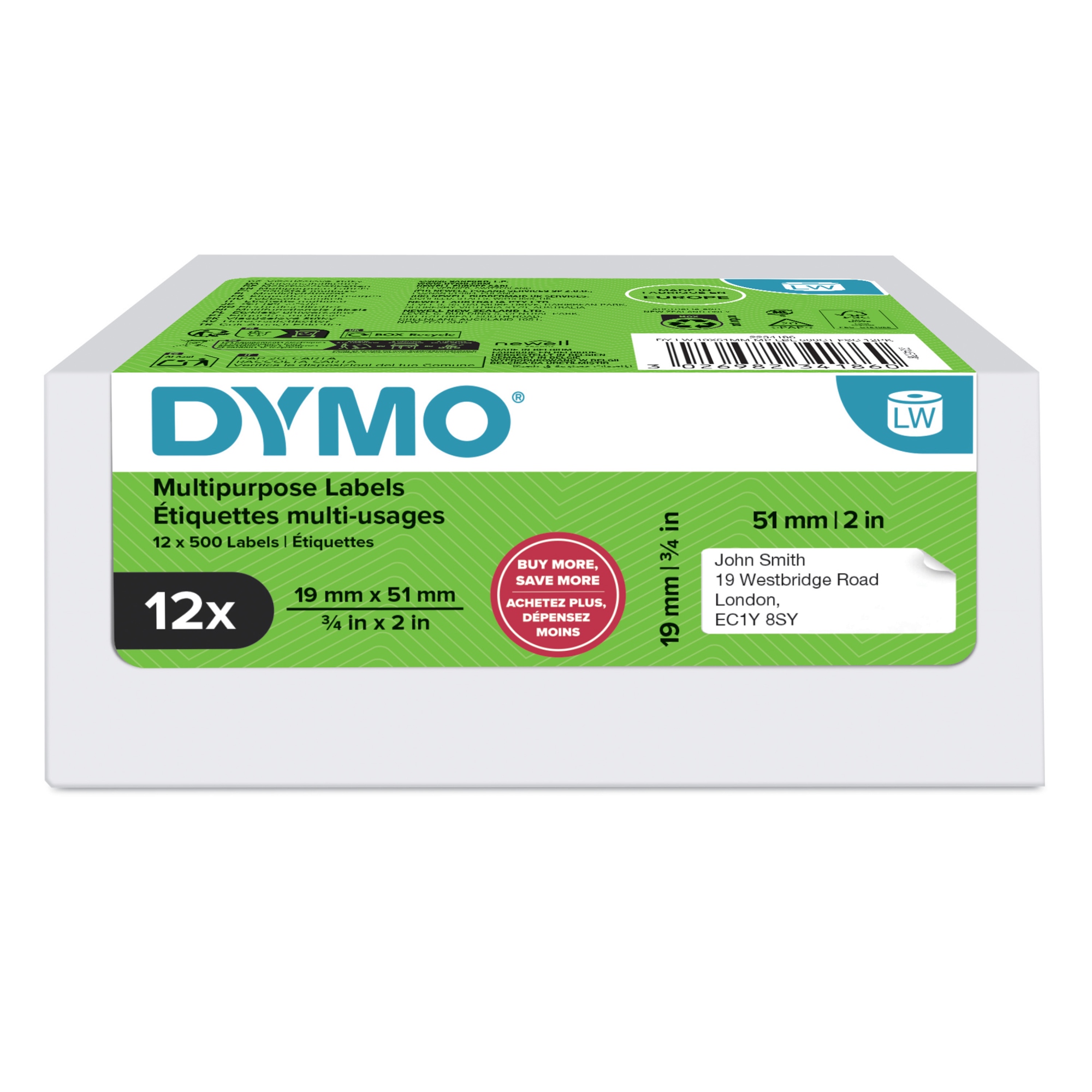 LW etiquetas auténticas multiusos/de dirección del remitente | 19 mm × 51 mm |12 rollos de 500 etiquetas con reverso fácil de retirar (6.000 unidades) | para etiquetadoras LabelWriter