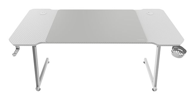 MGD-X140, Mesa Gaming Ergonómica, Superficie en Fibra de Carbono, Estructura Metálica, Alfombrilla XXL, Soporte Auriculares y Bebida, Gestión Cableado, Escritorio PC 140x60cm, Blanco