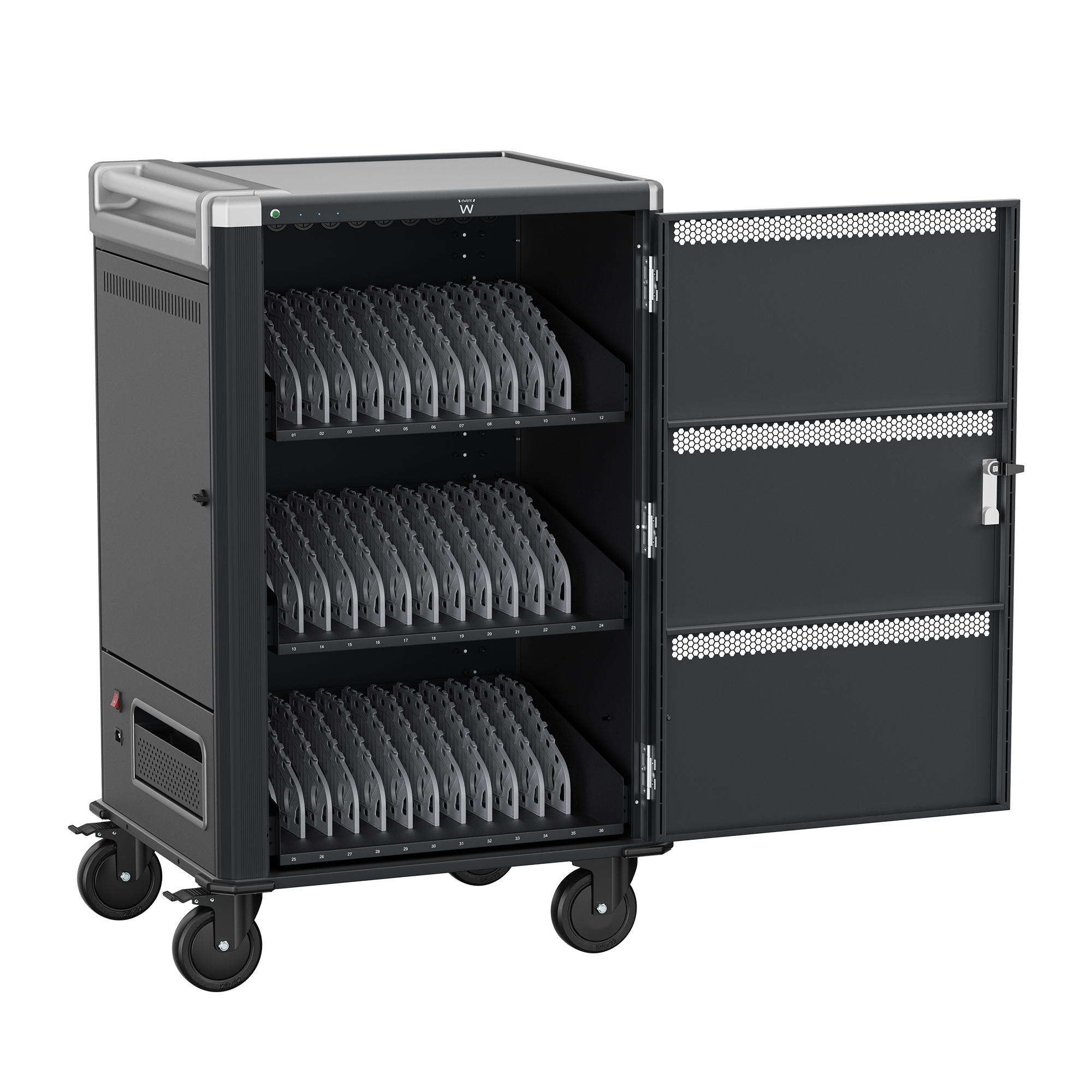 EW1701 carrito y armario de dispositivo portátil Armario de gestión y carga para dispositivos portátiles Negro, Gris