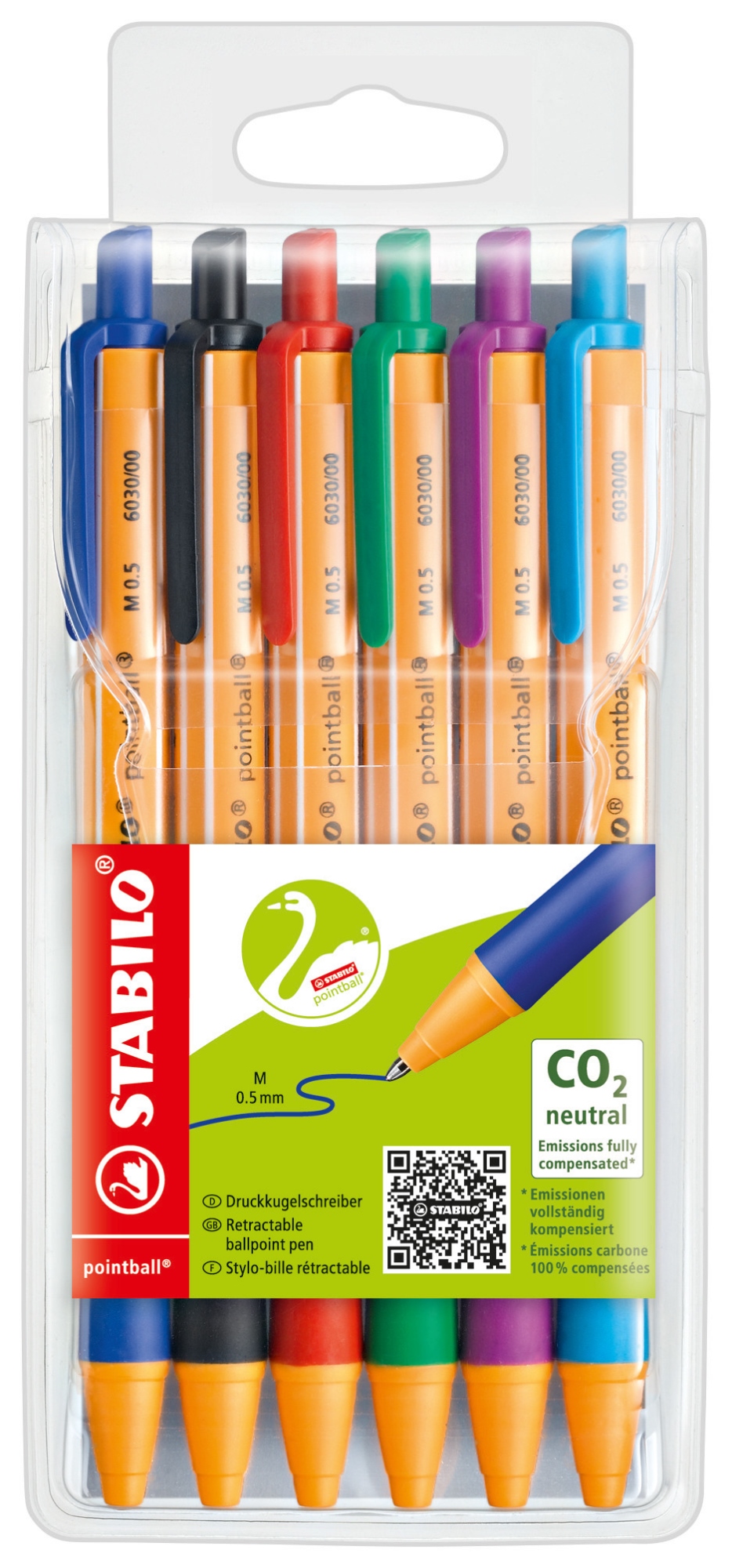 pointball Negro, Azul, Verde, Rojo, Turquesa, Violeta Bolígrafo de punta retráctil con pulsador 6 pieza(s)