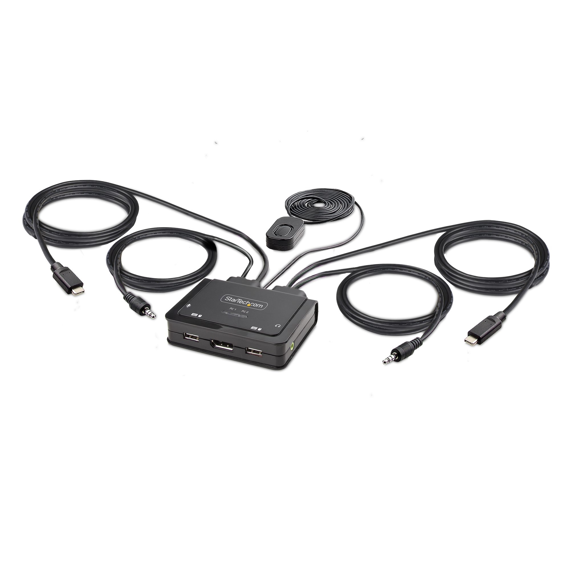 Cable Switch KVM USB-C de 2 Puertos - 4K60 - DisplayPort - Cables Integrados de 1,2m USB-C/Audio - Alimentado por el Bus - Conmutado por Teclas de Acceso Rápido