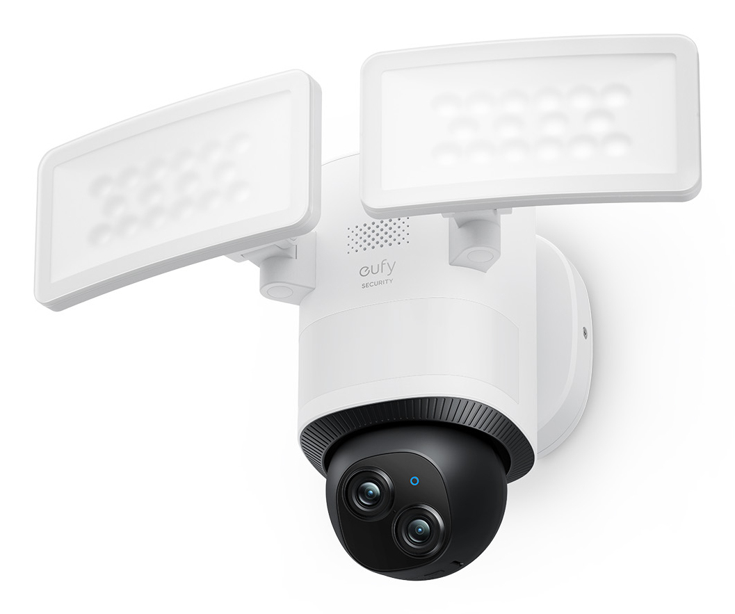 Security Floodlight Camera E340 con cable, giro de 360° e inclinación, grabación ininterrumpida, Wi-Fi de doble banda, 2000 lúmenes, activada por movimiento, cámara doble, compatible con HomeBase 3, almacenamiento local, sin cuota mensual