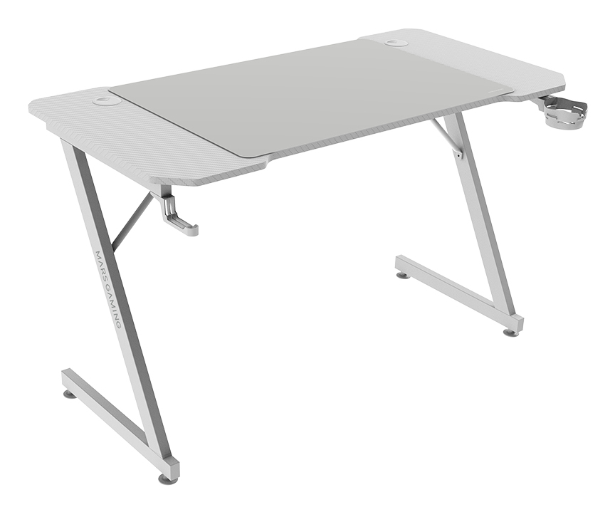MGD-X120, Mesa Gaming Ergonómica, Superficie en Fibra de Carbono, Estructura Metálica, Alfombrilla XXL, Soporte Auriculares y Bebida, Gestión Cableado, Escritorio PC 120x60cm, Blanco