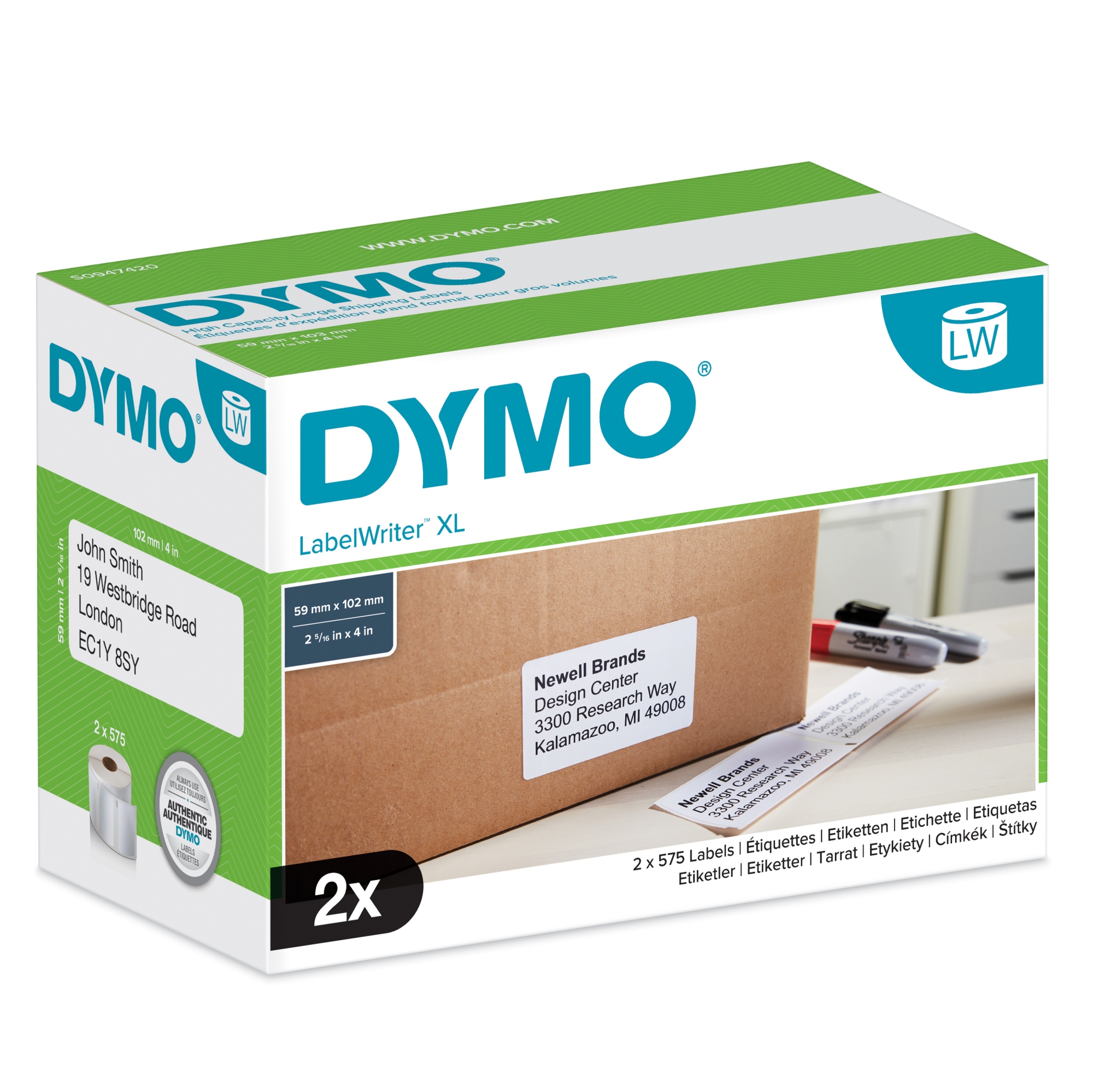 LabelWriter Etiquetas de envío de alta capacidad | (59 mm x 102 mm) | 2 rollos de 575 etiquetas fáciles de despegar (1150 etiquetas) | Autoadhesivas | Para rotuladoras LabelWriter 4XL/5XL