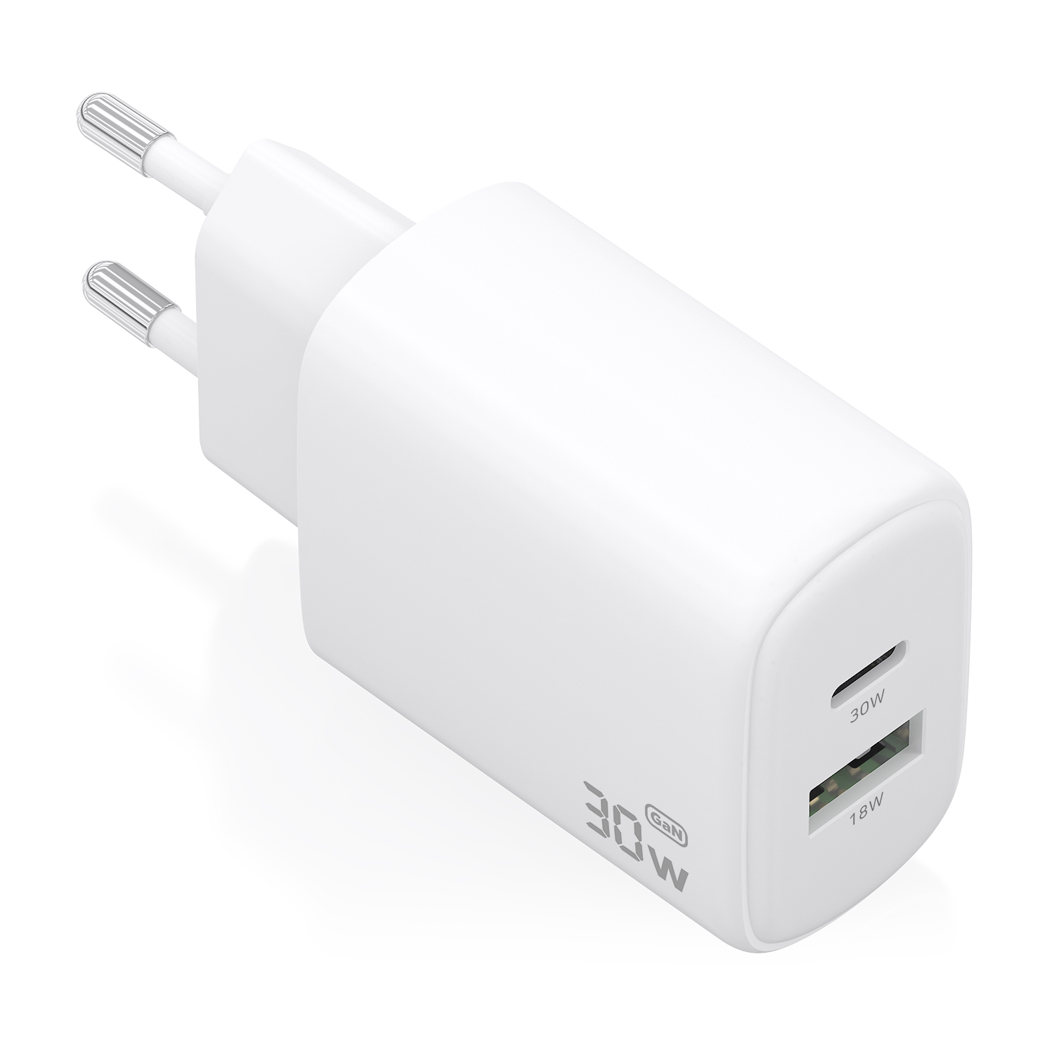 Cargador GaN 30W, 1xUSB-C PD3.0 QC4.0, 1xUSB-A QC3.0, Blanco