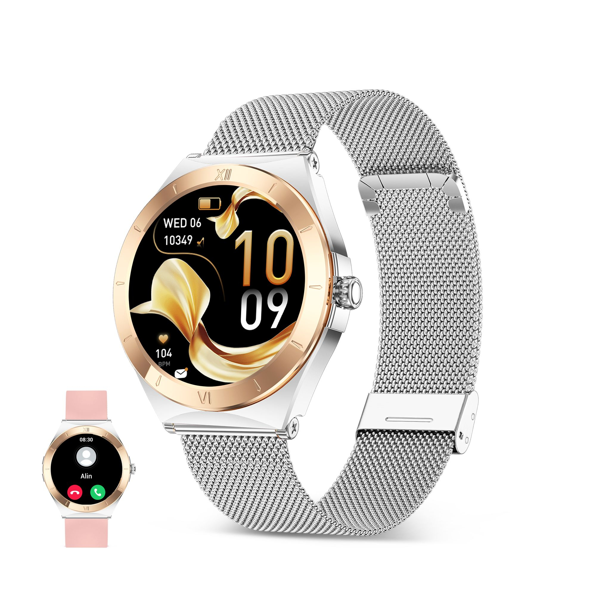 Smartwatch Lya, Pantalla AMOLED 1.19", Autonomía 5 días, Correa metal y silicona, Modos deporte y salud, Llamadas, Plata