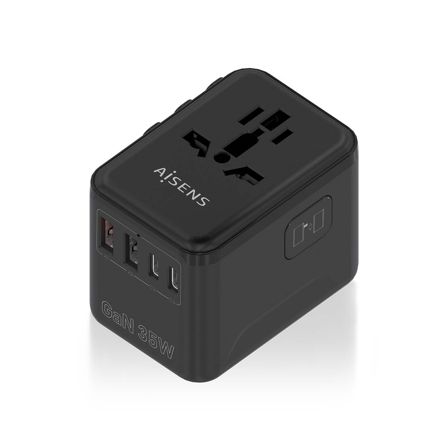 Adaptador Enchufe Universal Para Viaje EU/USA/UK/AU Con Cargador USB GaN, 2xUSB-A (A1 QC3.0), 3xUSB-C (C1 PD3.0) 35W, Negro