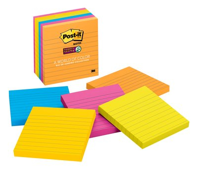 Super Sticky Notes, 4 in x 4 in, Rio de Janeiro Collection, Lined, 6 Pads/Pack nota autoadhesiva Azul, Naranja, Rosa, Amarillo 90 hojas Autoadhesivo