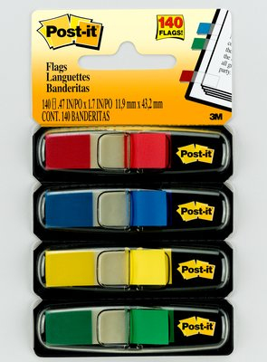 Flags, Primary Colors, 1/2 in Wide, 35/Dispenser, 4 Dispensers/Pack bandera adhesiva 35 hojas