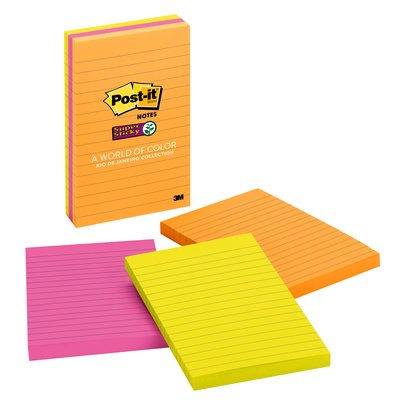 Super Sticky Notes, 4 in x 6 in, Rio de Janeiro Collection, Lined, 3 Pads/Pack, 90 Sheets/Pad nota autoadhesiva Naranja, Rosa, Amarillo 90 hojas Autoadhesivo