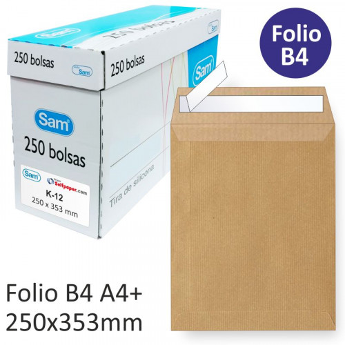 Caja 250 Sobre-Bolsas DIN B4 Folio 250x353 Kraft 90 gr Autoadhesivo con Tira de Silicona